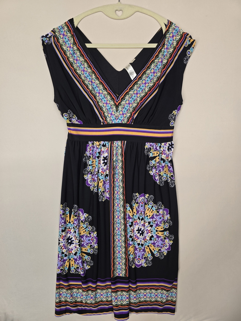 Emma & Michele Black Midi Dress with Purple, Yellow & Blue Medallion Print